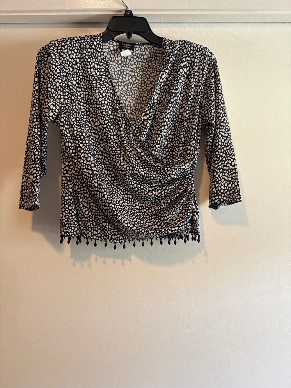 MSK Black and White Dotted Wrap-Front Blouse with Tassel Trim